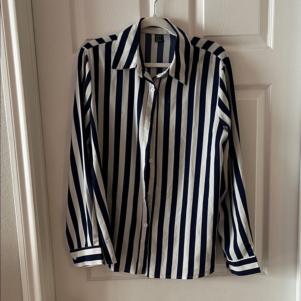 SHEIN Navy and White Striped Button-Down Shirt